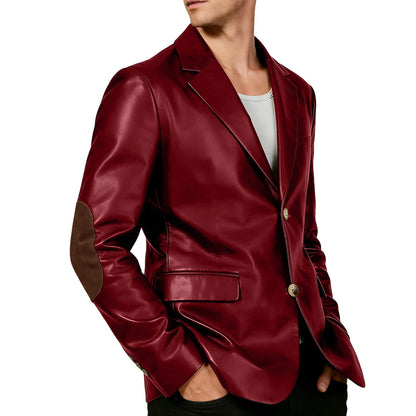 Men's Shiny Leather Blazer with Suede Elbow Patches Slim Fit 2-Button Notch Lapel Suit Jacket Streetwear Casual Party Sport Coat