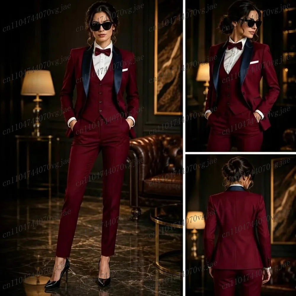 Dark Blue Collar Burgundy Formal Business Women Suit Wedding Party Prom Ladies Mother Girl Tuxedos 3 Piece Set Blazer Vest Pants