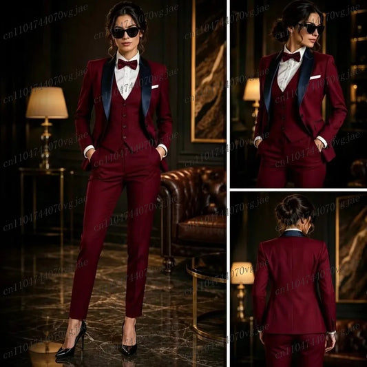 Dark Blue Collar Burgundy Formal Business Women Suit Wedding Party Prom Ladies Mother Girl Tuxedos 3 Piece Set Blazer Vest Pants
