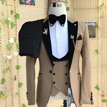 Elegant 3 Piece Slim Fit Men's Tuxedo Suit Set for Wedding Prom Party - Solid Color Blazer Vest Pants Male Formal Wear