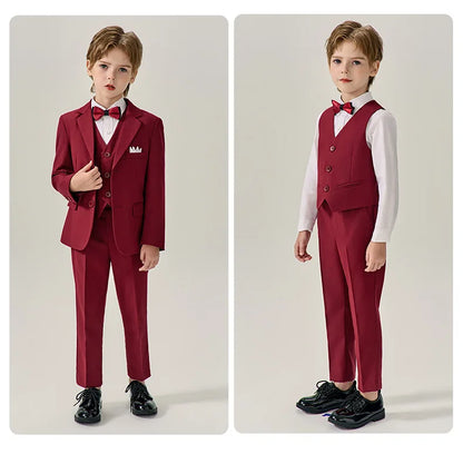 Boys Dark Green Jakcet Vest Pants Bowtie Evening Party Dress Children Wedding Photograph Suit Kids Ceremony Performance Costume