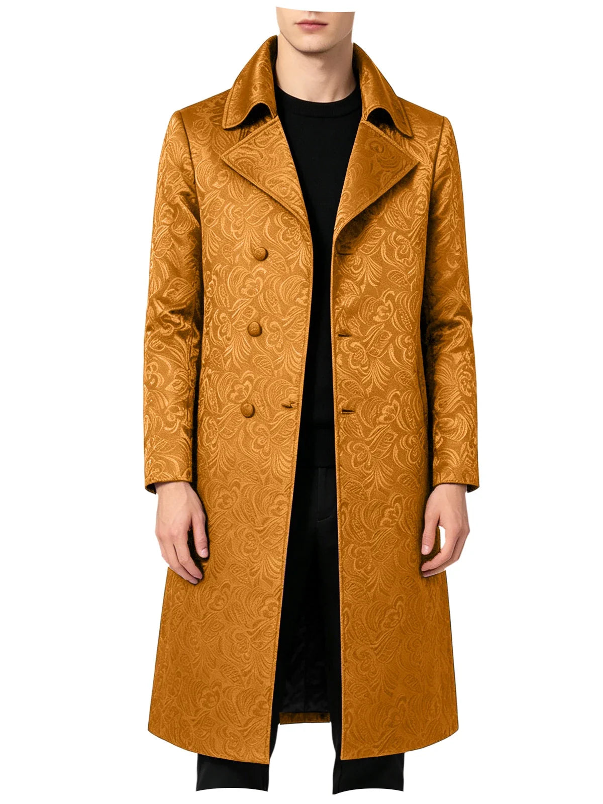 Men Luxury Jacquard Long Trench Coat Lapel Formal Overcoat Outerwear For Wedding Prom Banquet Club Evening Business Stage Party