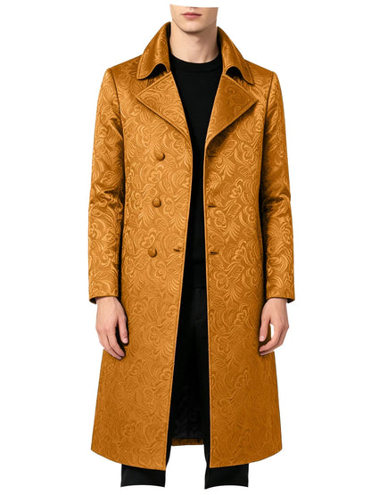 Men Luxury Jacquard Long Trench Coat Lapel Formal Overcoat Outerwear For Wedding Prom Banquet Club Evening Business Stage Party