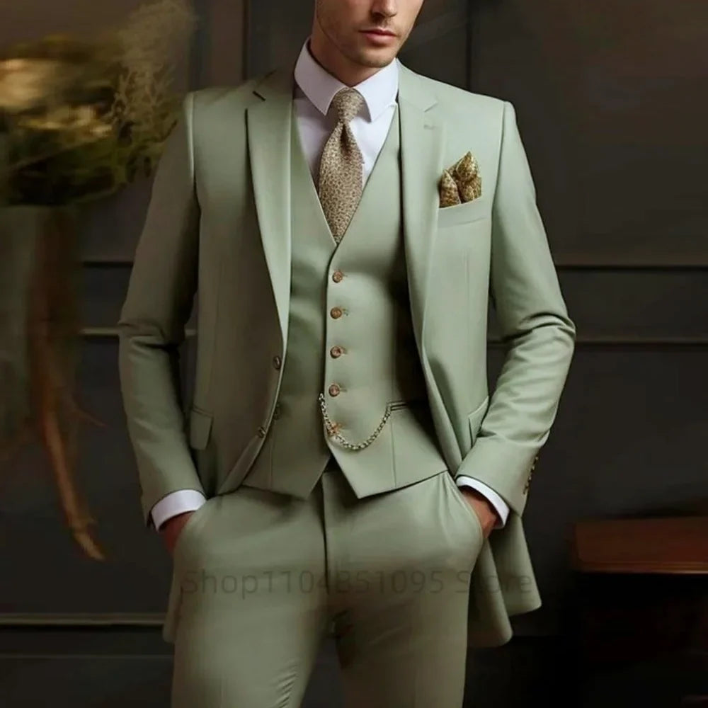Elegante Men's Grey Slim Fit Tuxedo 3-Piece Smoking Suit with Peak Lapel Blazer Vest Pants for Wedding Party