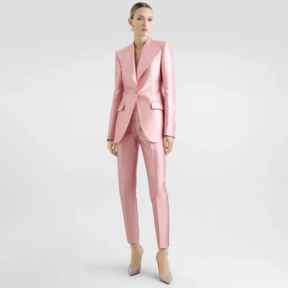 Classic Women Baby Pink Glossy Satin Suit 2 Piece Single Button Peaked Lapel Jacket Pants Slim Fit Formal Banquet Female Outfit