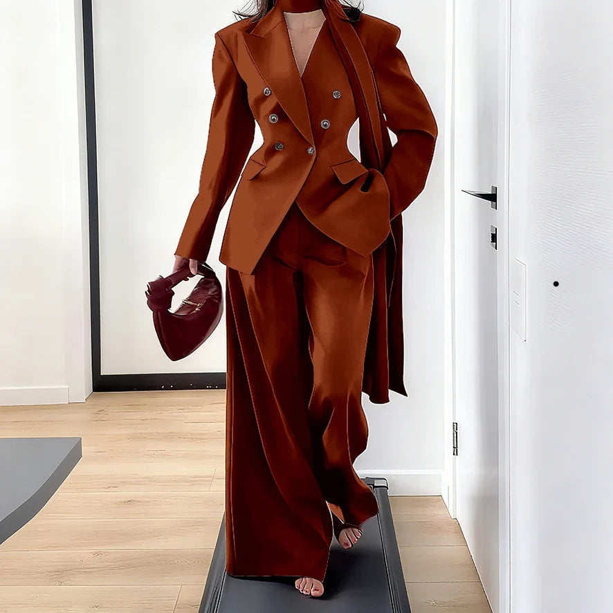 Elegant Women Double Breasted Suit Set Double Breasted Peaked Lapel Blazer+Pants Daily Slim Fit Office Evening Party Outerwears