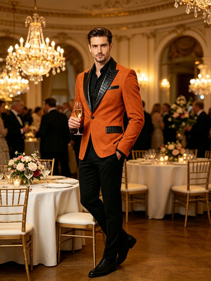 Men's Suede Slim Fit Blazer Jacket Crocodile Pattern Lapel Design Suit Coat Formal Business Prom Wedding Party Tuxedo Outerwear