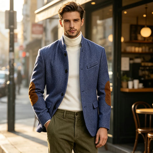 Vintage Men's Herringbone Tweed Blazer With Suede Elbow Patches Stand‑Collar Business Casual Suit Jacket Formal Outerwear Coat