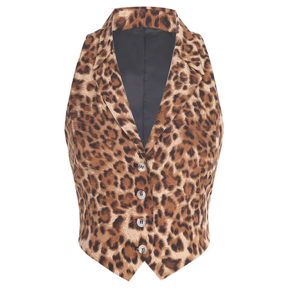 Office Lady Fashion Vest Streetwear Leopard Print Women's Waistcoat Button-down Vests Lapel Tank Top V Neck Vest Workwear Mujer