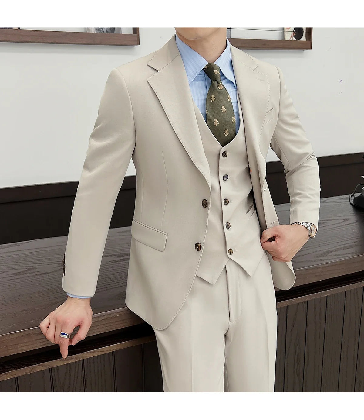 ( Jacket+Vest+Pants ) ltalian Style Luxury High-end Fashion Solid Color Mens Business Slim Suit 3Piece Set Groom Wedding Tuxedo