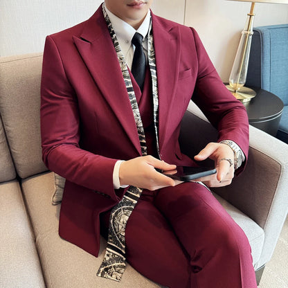 Scarf With Design Double Collar Suit Men's Business Casual Groom Wedding Slim Fit Suit Tuxedo 3-piece Set (Jacket+Vest+Pant)