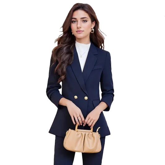 Autumn Elegant Formal Business Blazer Suit Pant Sets for Women 2 Pieces Long Sleeve Jacket Trousers Sets Plus Size Outfit