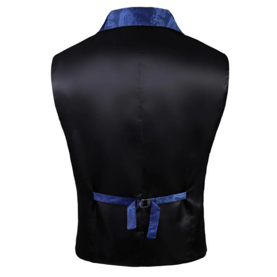 Men's Vest Blue Retro Jacquard Pattern Single Button V-Neck Waistcoat for Wedding & Formal Occasions