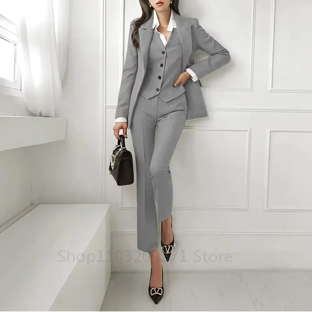 Solid Women Plus Size Suit 3 Piece Single Breasted Slim Fit Temperament Suitable For Business Work Set Jacket Vest With Pants
