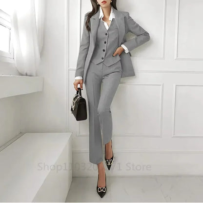 Solid Women Plus Size Suit 3 Piece Single Breasted Slim Fit Temperament Suitable For Business Work Set Jacket Vest With Pants