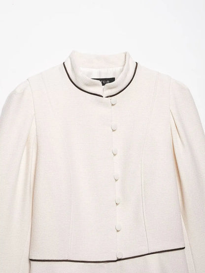 2026 Women Spring Elegant Single Breasted Stand Collar Long Sleeves Short Coat Woman Fashion Casual Beige Tweed Blazer Jacket