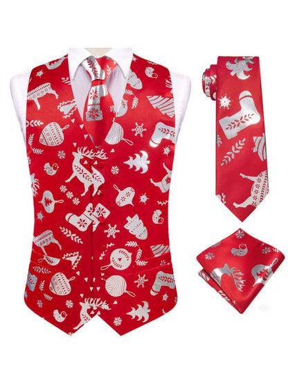 Men's Christmas Print Vest 3-Piece Set with Tie and Pocket Square for Holiday Parties