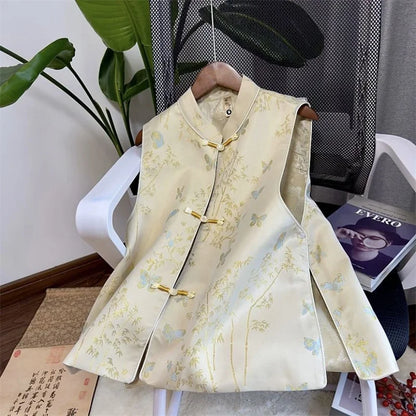 Spring Autumn Chinese Style Sleeveless Vest Coat For Women Stand Collar Jacquard Waistcoat Spring Summer Thin Lined Tank Tops