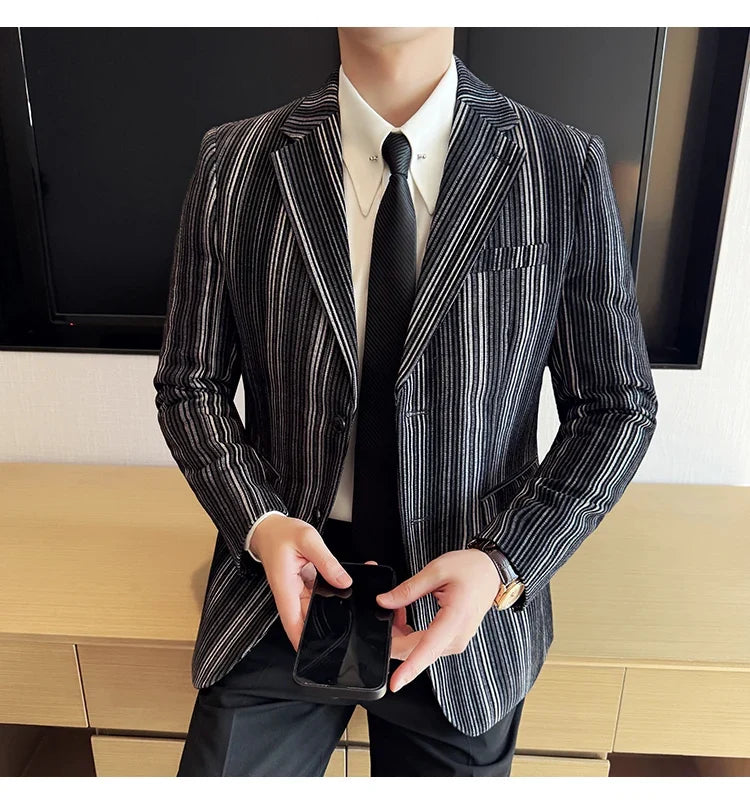 High Quality Plush Striped Fashion casual Suit Jacket Autumn Winter New Men Slim Fit Business Formal Social Prom Party Tuxedos