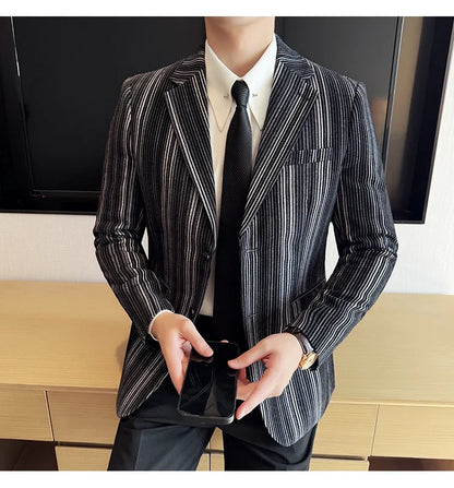 High Quality Plush Striped Fashion casual Suit Jacket Autumn Winter New Men Slim Fit Business Formal Social Prom Party Tuxedos