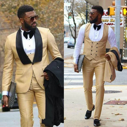 Men Suits Groomsmen Wedding Tuxedos for Men Blazer Shawl Lapel One Button Formal Champagne Suit 3 Pieces Suits for Men