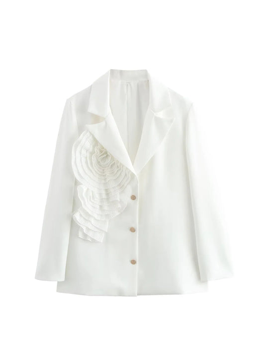 Women's White 3D Floral Blazer Jacket Y2k Harajuku 2000s Vintage Long Sleeve Single Breasted Suit Coat Oversize Outerwear Autum