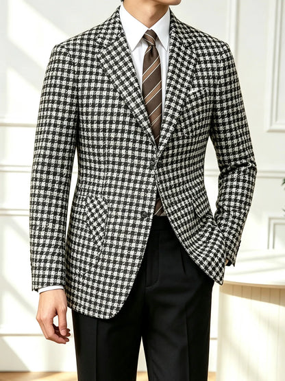 Vintage Black White Checkered Tweed Fabric Men Suit Jacket Luxury Slim Fit Business Men‘s Wedding Formal Tuxedos Suit Blazer