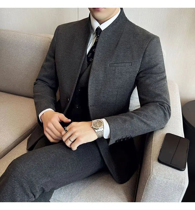 Men's 3-Piece Slim Fit Stand Collar Suit – Wedding, Prom & Office Formal Set