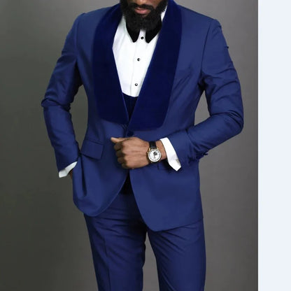 Royal Blue Slim Fit Groom Tuxedo 3-Piece Set with Velvet Shawl Lapel Formal Men's Suit for Wedding African Fashion
