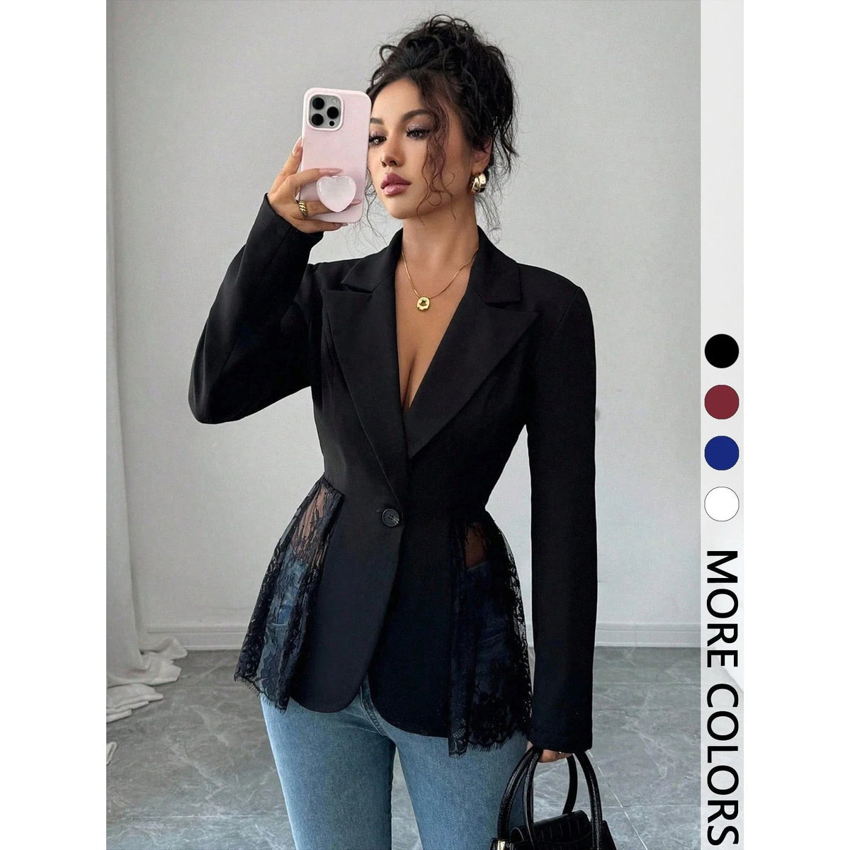 Elegant Style Women's Suit Jacket A-Line Silhouette Lace Waist Color Block Autumn New Arrival Fashion Outerwear