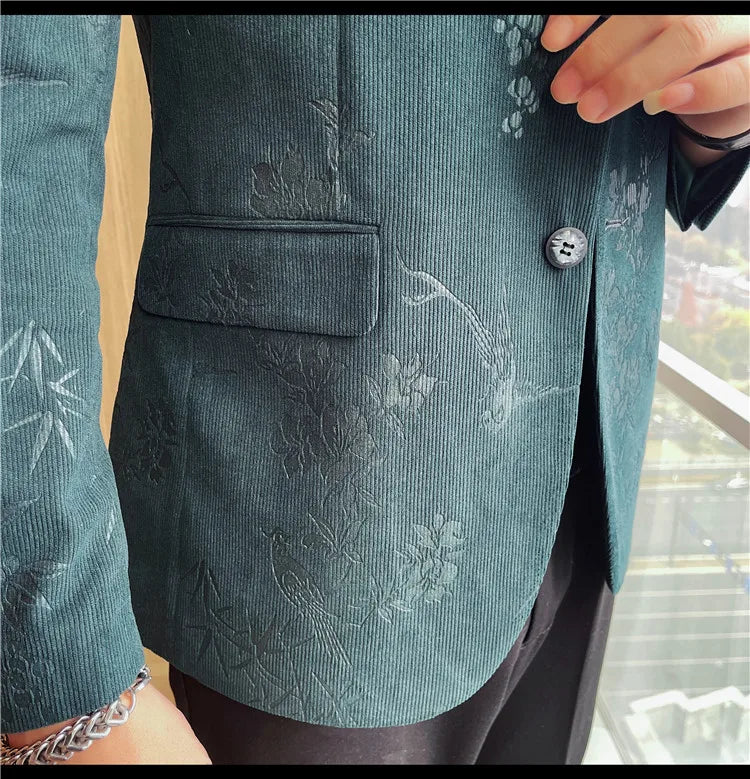 2025 Spring Trendy Jacquard Suit Jacket Men Stand Up Collar Casual Blazers Slim Wedding Business Streetwear Social Dress Coats