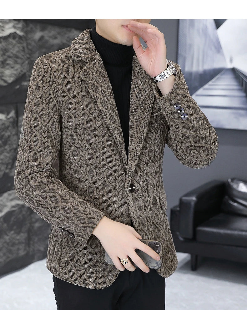 Blazer Autumn/Winter Golden Sable Velvet and Cotton Thickened Thermal Small Suit Fashion Business Men's Slim Blazer