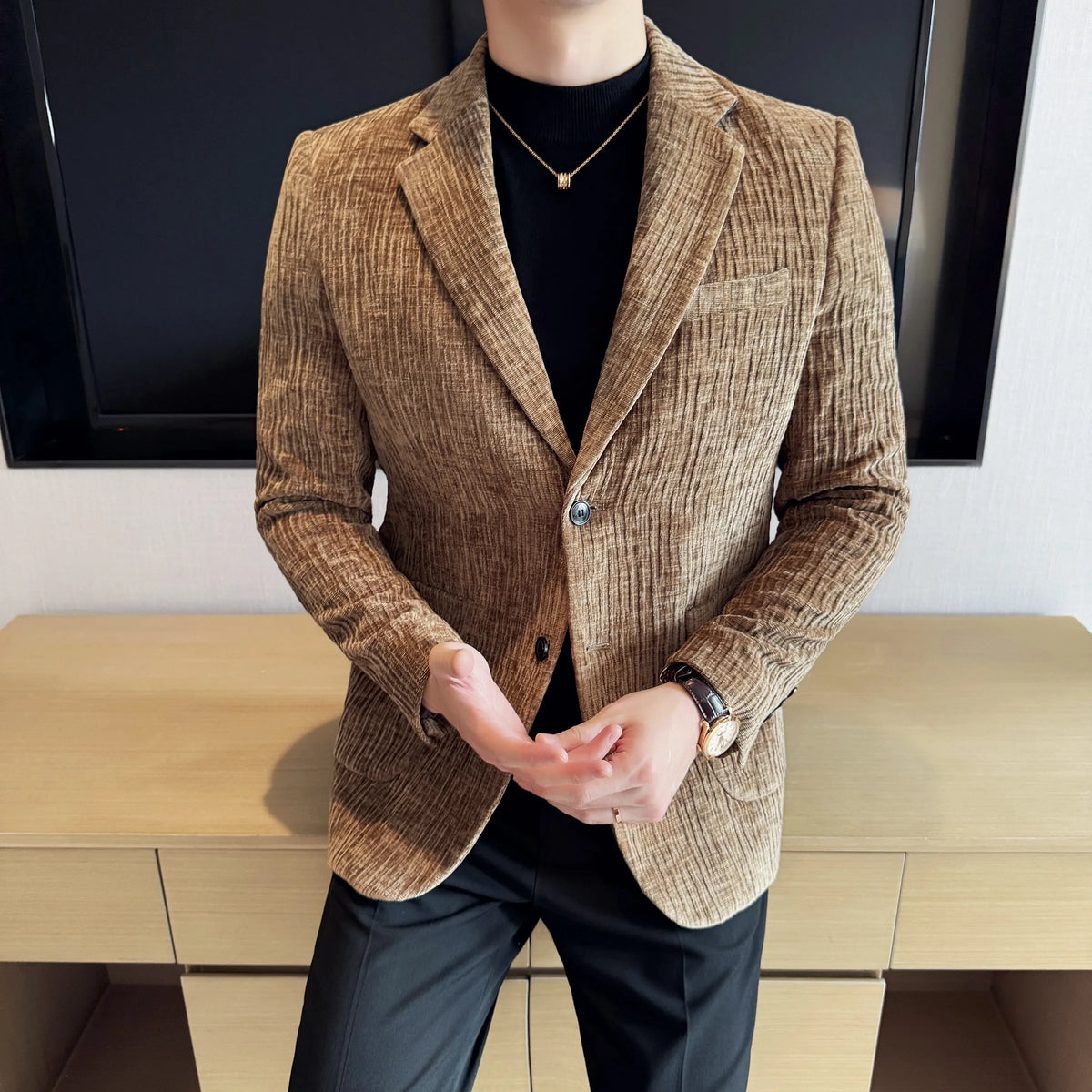 2025 Winter Chenier Thick Suit Jacket for Men Korean Slim Fit Casual Business Men Blazers Wedding Groom Office Social Dress Coat
