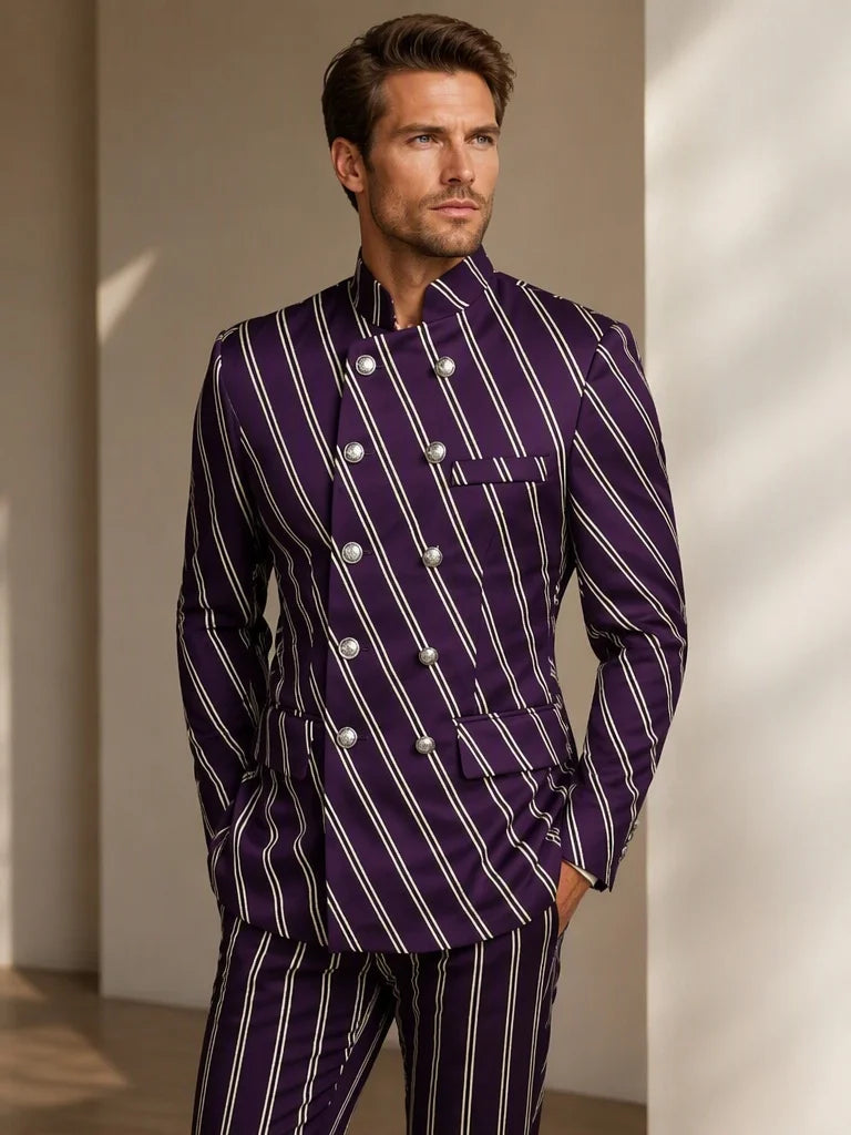 Men's Casual Business Striped 2 Piece Suit Stand Collar Double Breasted Slim Fit Wedding Groom Blazer Pants Set Formal Party Men