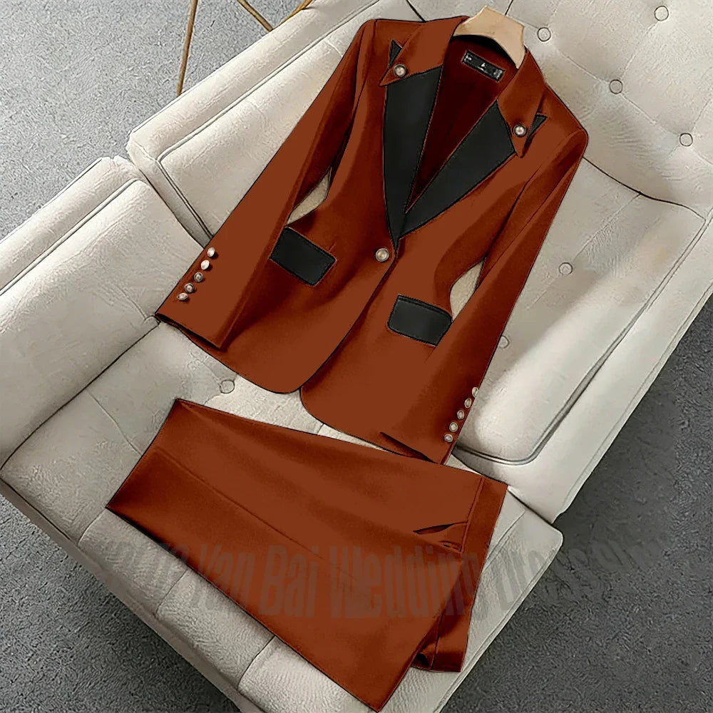 New Unique Women Pant Suit Contrast Color Modern Outfit One-Button Peaked Lapel Casual Fashion Daily Female Clothes Set 2 Piece