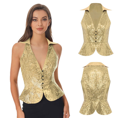 Women's Tassel Sleeveless Waistcoat Shiny Sequins Vest Glitter Fashion Open Front Vests Disco Jazz Dance Music Festival Clubwear