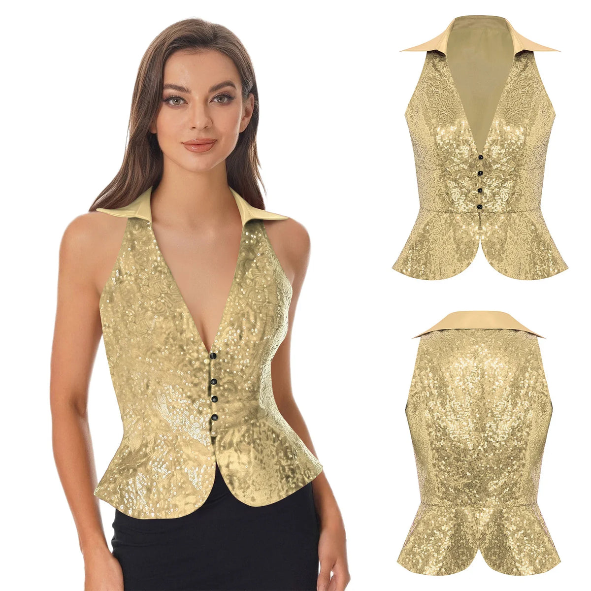 Fashion Sequins Vests Women's Tassel Sleeveless Waistcoat Jazz Dance Costume Shiny Vest 80s Disco Music Festival Party Clubwear