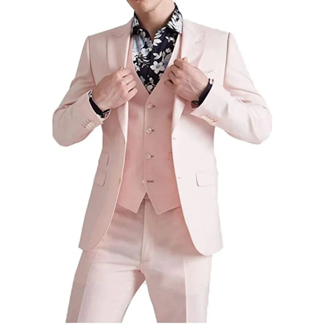 Pink Suits For Men Wedding Elegant Blazer Single Breasted Peaked Lapel Ropa Hombre 3 Pcs Jacket Pants Vest Slim Fit Tailor Made
