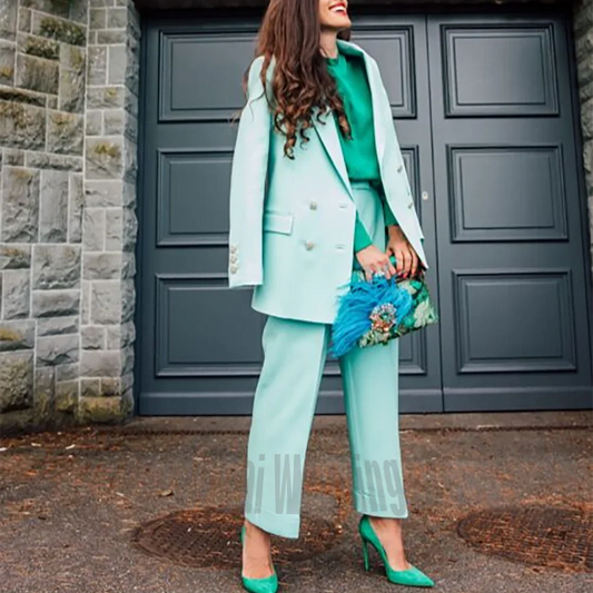 Two Piece Women Suits Pant Set Pure Color Double Breasted Birthday Evening Formal Event Elegant Female Outfit Jacket With Pants