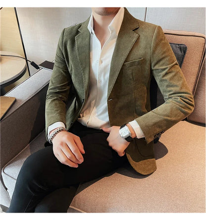 Men's Slim Fit Striped Corduroy Blazer – Smart Casual Single Breasted Suit Jacket