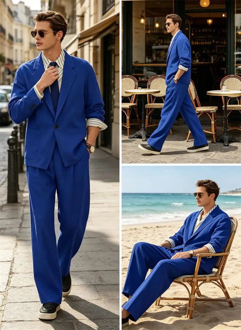 Men's Linen Blazer Suit Set Lightweight Breathable Casual Jacket Business Vacation Party Wedding Spring Summer Autumn Daily Wear