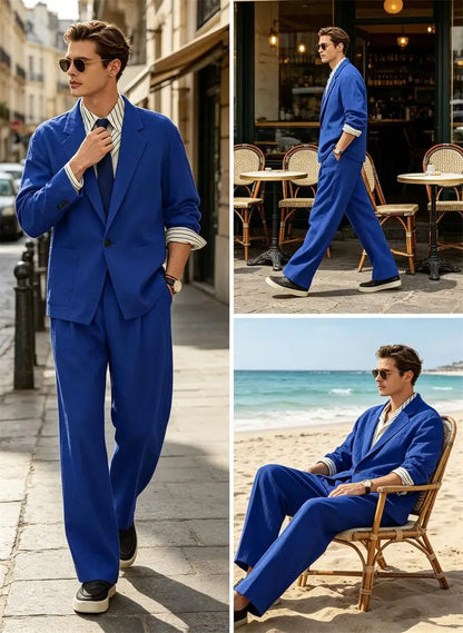Men's Linen Blazer Suit Set Lightweight Breathable Casual Jacket Business Vacation Party Wedding Spring Summer Autumn Daily Wear