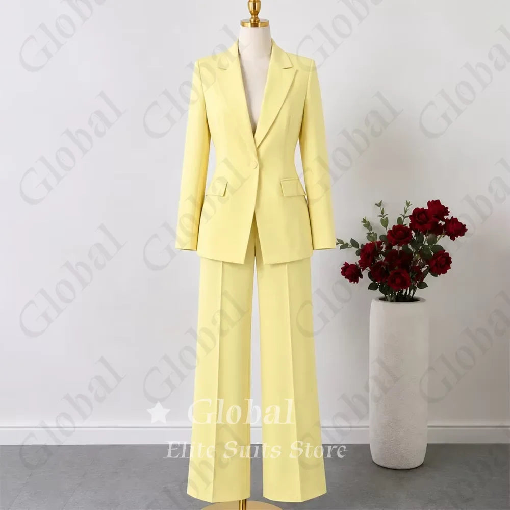 Lemon Yellow Women Suits 2 Piece Jacket Pants Sets Single Button Business Fashion Party Blazer Wide Leg Trouser Customized