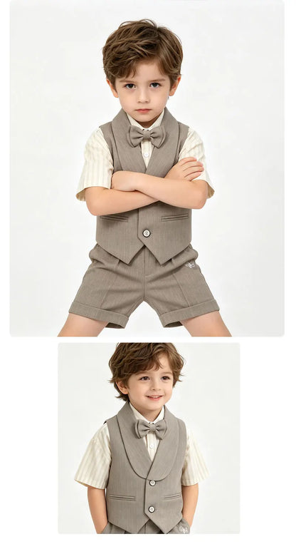 3Pcs Toddler Boy Gray Vest Suit Striped Short Sleeve Shirt Bow Tie Shorts Kids Wedding Baptism Birthday Gentleman Formal Outfit