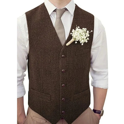 Men's Vest Herringbone V-Neck Single Button Waistcoat for Wedding, Business & Casual Wear