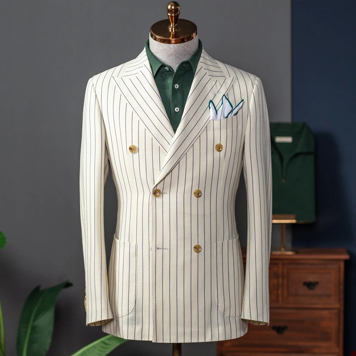 New Men's Suit One Piece Blazer Double Breasted Peaked Lapel Pinstripes Formal Tuxedo Work Wedding Groom Tailored Costume Homme