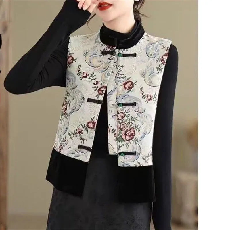 Women Light National Style Button Ink Tang Costume Coat Spring Autumn Female Sleeveless Small Coat Ladies New Chinese Style Vest