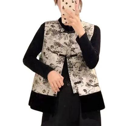 Women Light National Style Button Ink Tang Costume Coat Spring Autumn Female Sleeveless Small Coat Ladies New Chinese Style Vest