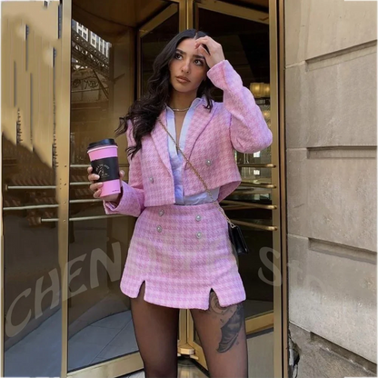 Pink Houndstooth Women's Suit Luxury 2026 Double Breasted Cropped Jacket Mini Skirt Fashion Streetwear Wedding Guest Casual Set