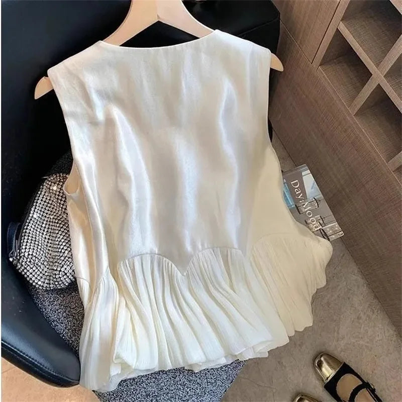 Spring Lady Lotus Leaf Edge Sleeveless T-shirt Summer Women Fashion Patchwork Waistcoat French Femme Round Neck Pearl Satin Vest